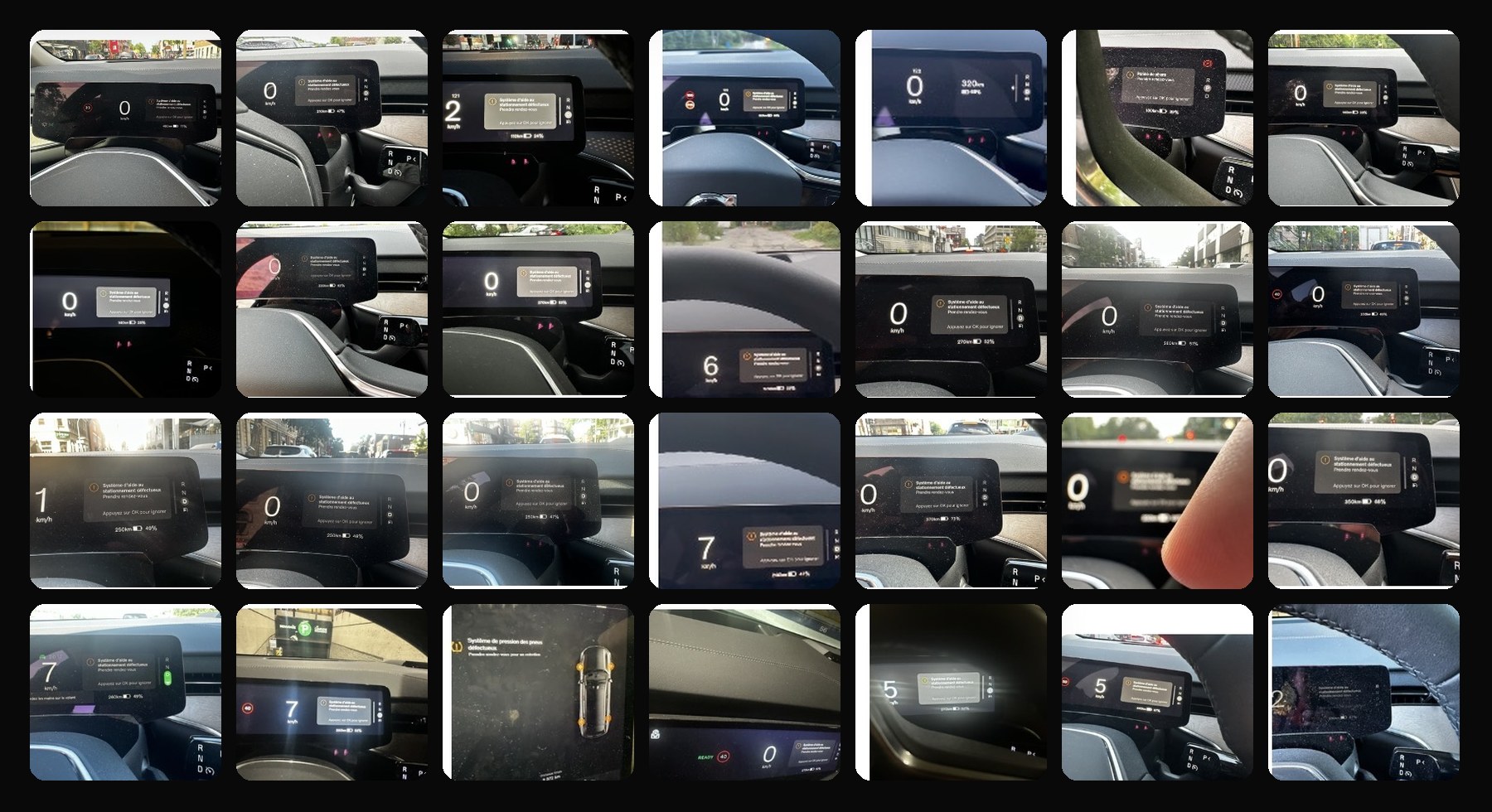 Overview of selected photo and video thumbnails documenting repeated Volvo EX90 warning messages and faults